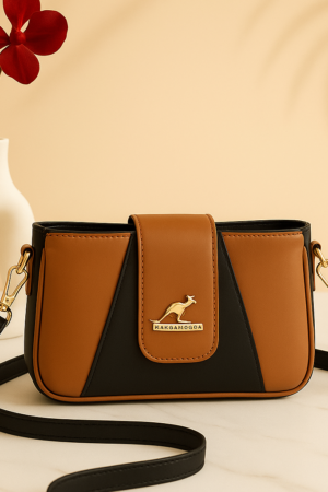 Women’s Brown & Black Crossbody Bag – Stylish Faux Leather Sling Purse with Gold-Tone Logo