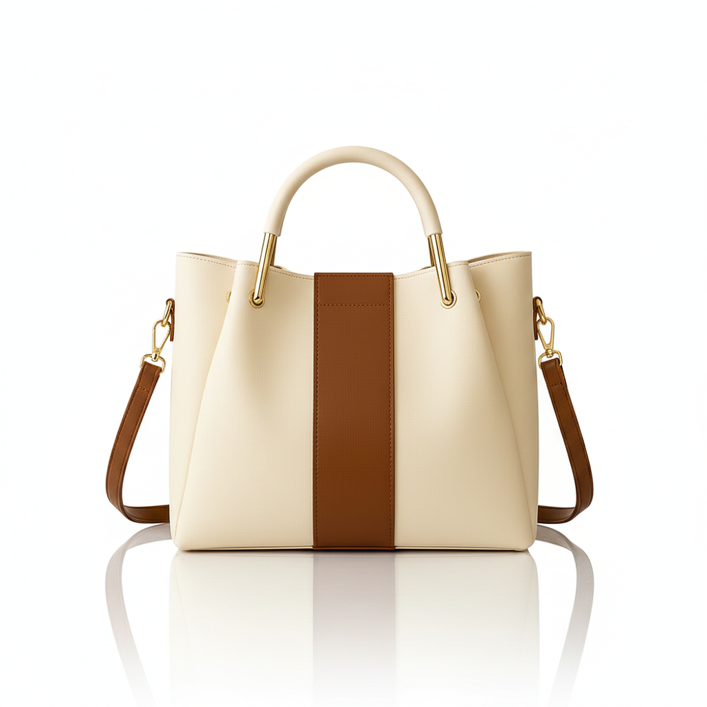 Elegant Two-Tone Women’s Tote Bag in Cream & Tan | Premium Handbag with Shoulder & Crossbody Strap for Work & Daily Use - Image 6