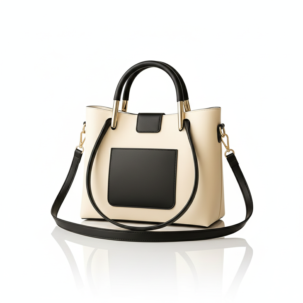 Cream & Black Structured Top Handle Bag | Elegant Crossbody & Shoulder Handbag with Gold Hardware - Image 8
