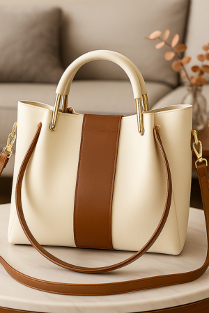 Elegant Two-Tone Women’s Tote Bag in Cream & Tan | Premium Handbag with Shoulder & Crossbody Strap for Work & Daily Use