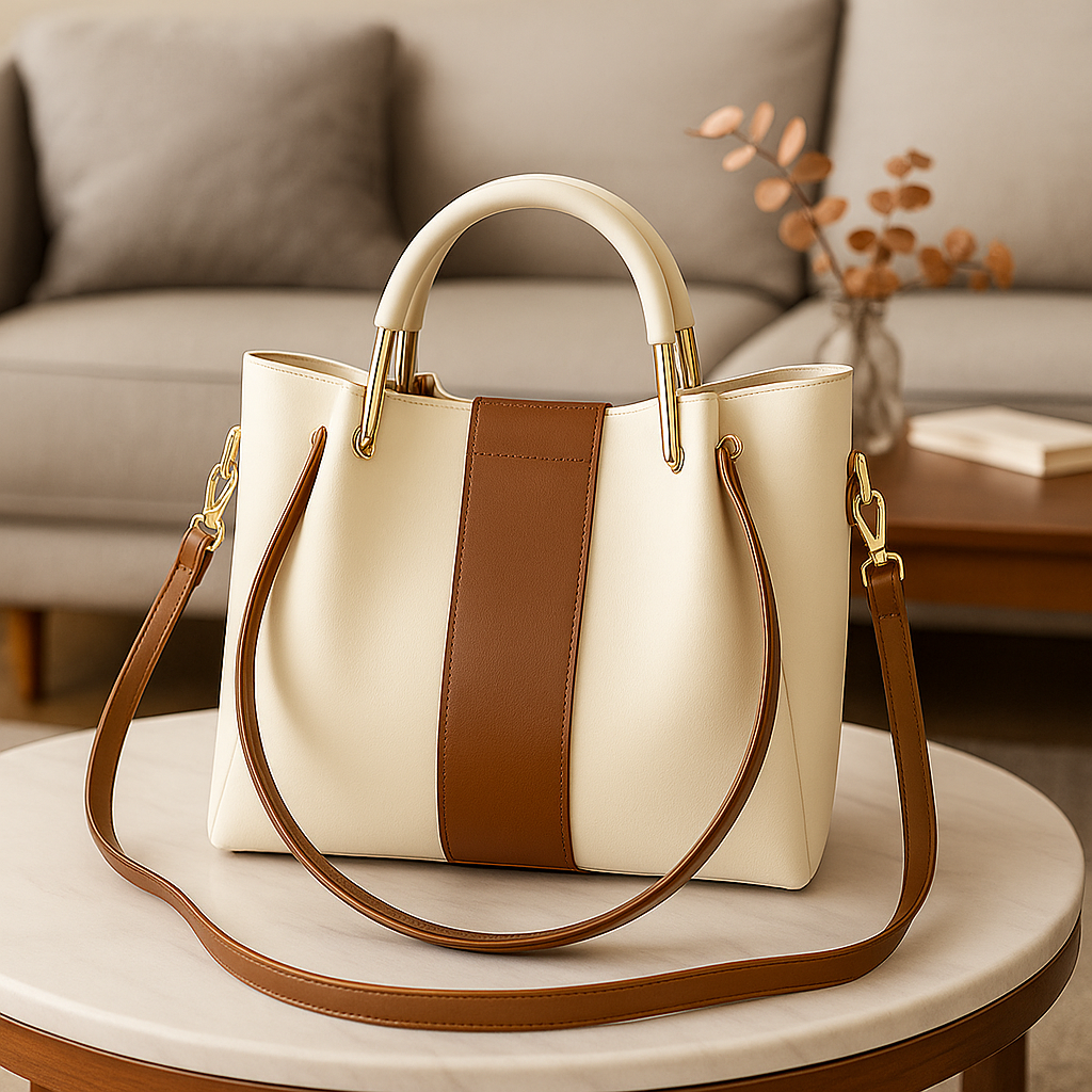 Elegant Two-Tone Women’s Tote Bag in Cream & Tan | Premium Handbag with Shoulder & Crossbody Strap for Work & Daily Use