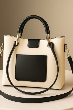 Cream & Black Structured Top Handle Bag | Elegant Crossbody & Shoulder Handbag with Gold Hardware