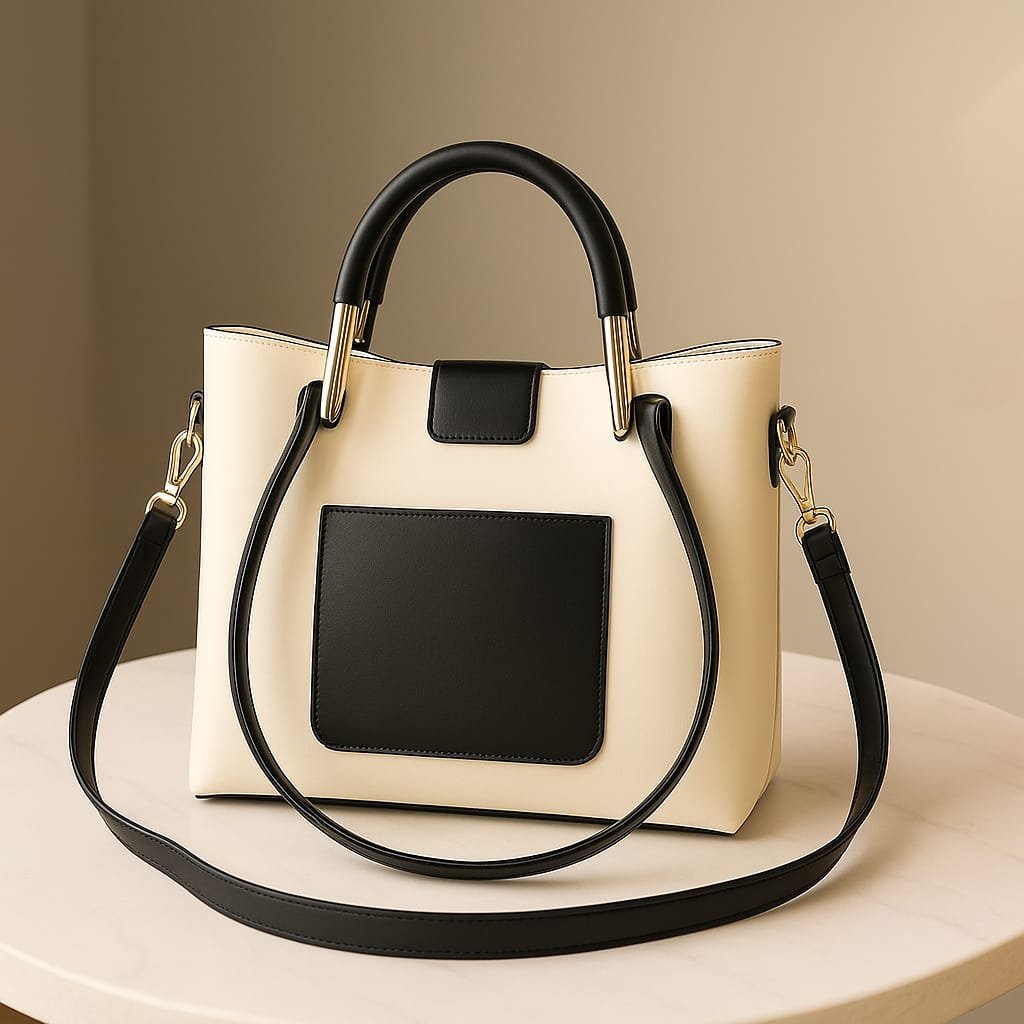 Cream & Black Structured Top Handle Bag | Elegant Crossbody & Shoulder Handbag with Gold Hardware