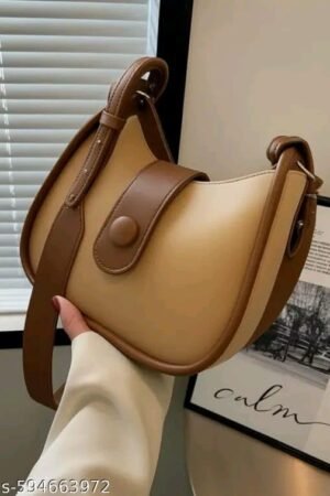 Women’s Beige & Brown Crossbody Shoulder Bag – Minimalist Faux Leather Saddle Purse for Daily Use