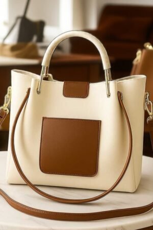 Cream & Tan Structured Top Handle Bag | Elegant Crossbody & Shoulder Handbag for Work & Everyday Use