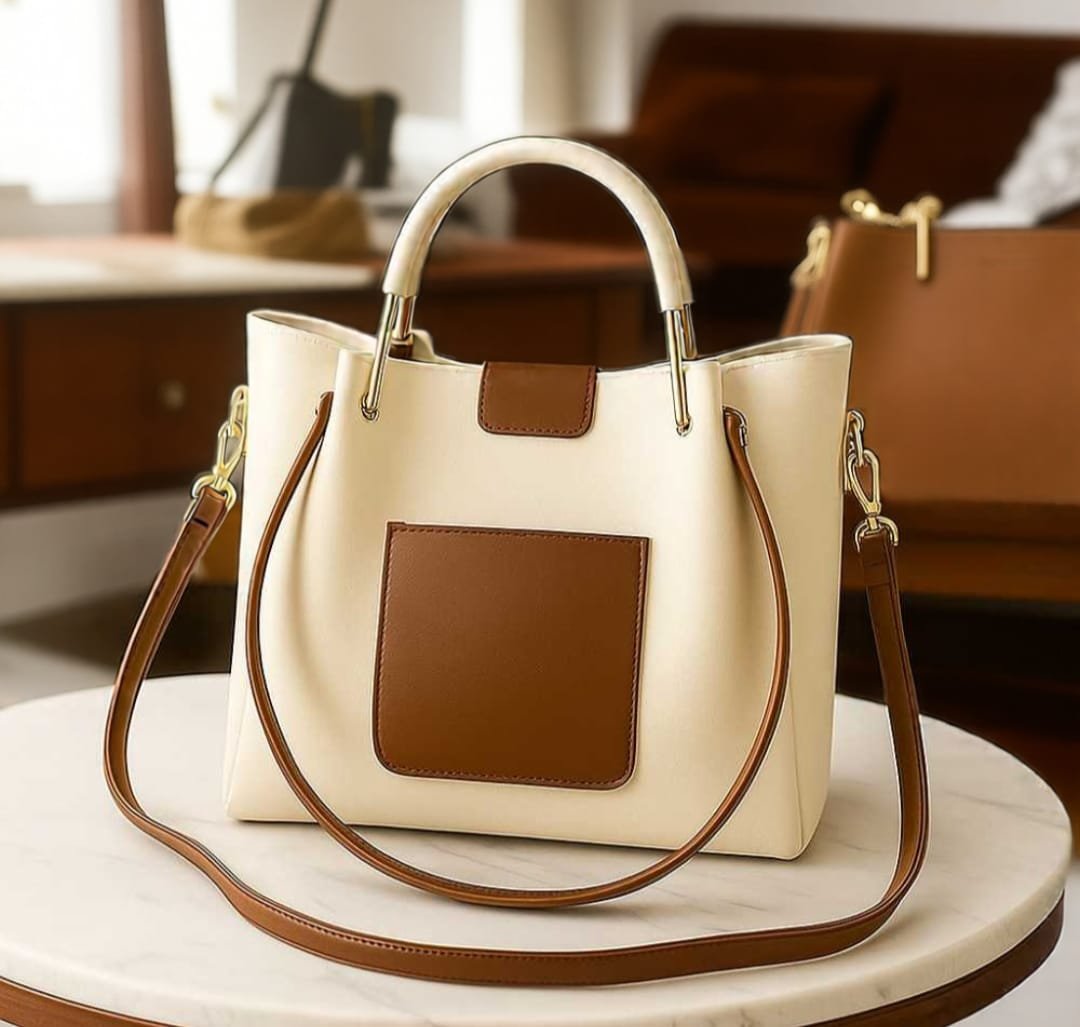 Cream & Tan Structured Top Handle Bag | Elegant Crossbody & Shoulder Handbag for Work & Everyday Use