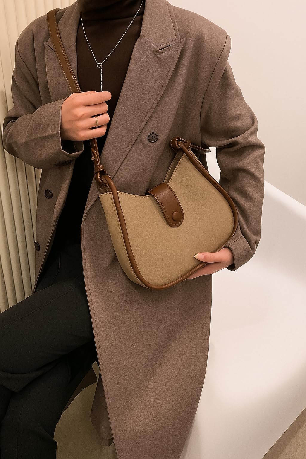 Women’s Beige & Brown Crossbody Shoulder Bag – Minimalist Faux Leather Saddle Purse for Daily Use - Image 4