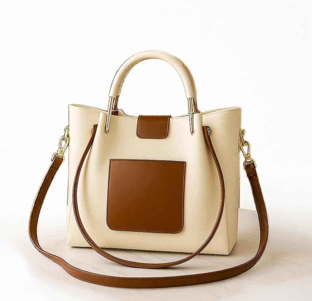 Cream & Tan Structured Top Handle Bag | Elegant Crossbody & Shoulder Handbag for Work & Everyday Use - Image 4