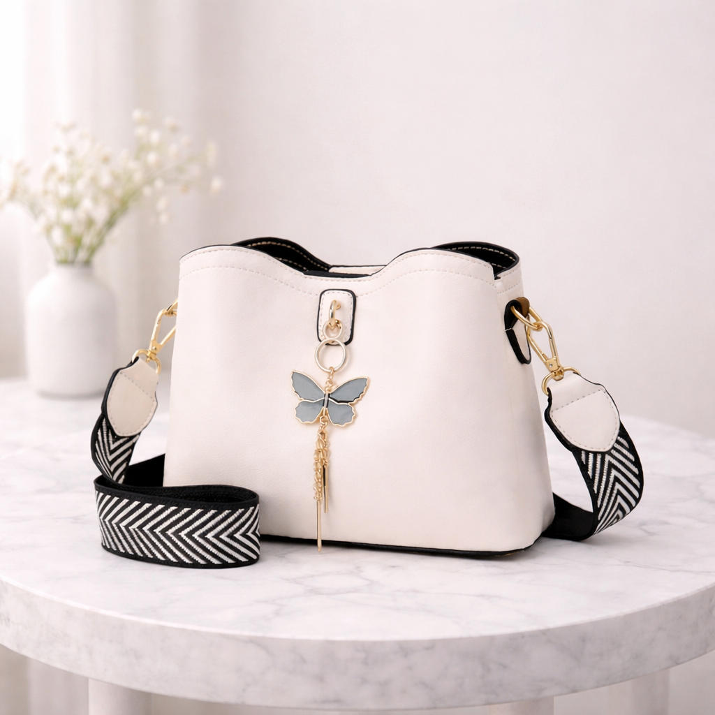Zaaliqa Women’s Elegant White Sling Bag with Butterfly Charm | Premium PU Leather Shoulder Bag for Daily & Party Wear - Image 3