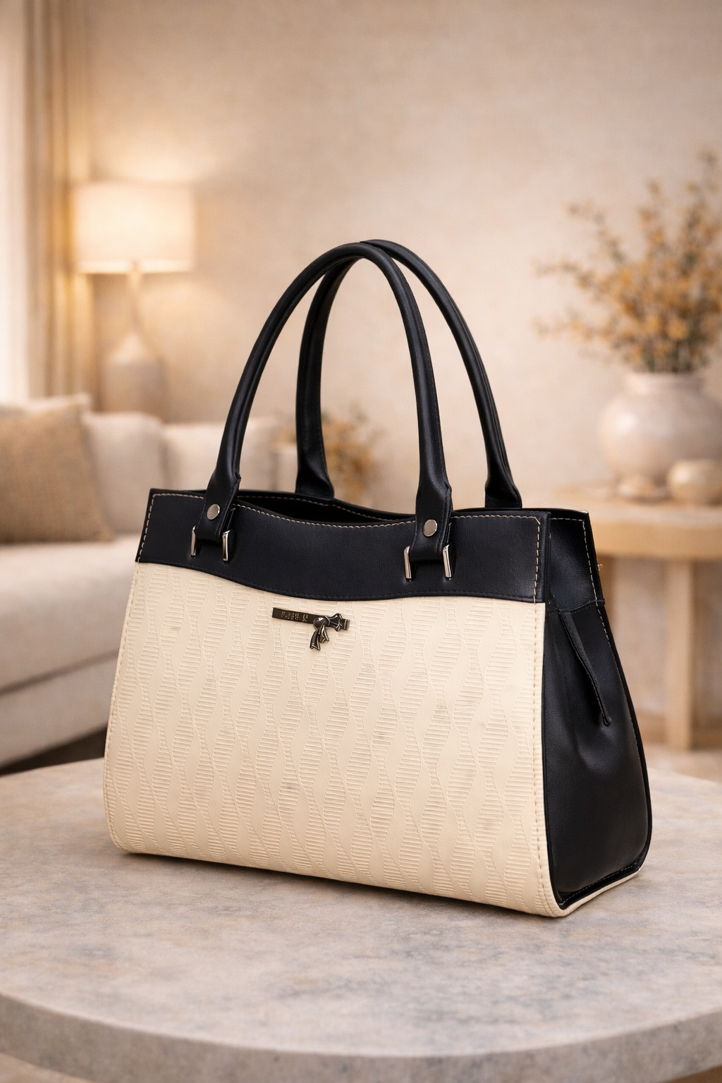 Elegant Two-Tone Women Handbag | Textured PU Leather Ladies Purse with Dual Handles | Stylish Office & Daily Use Bag - Image 4