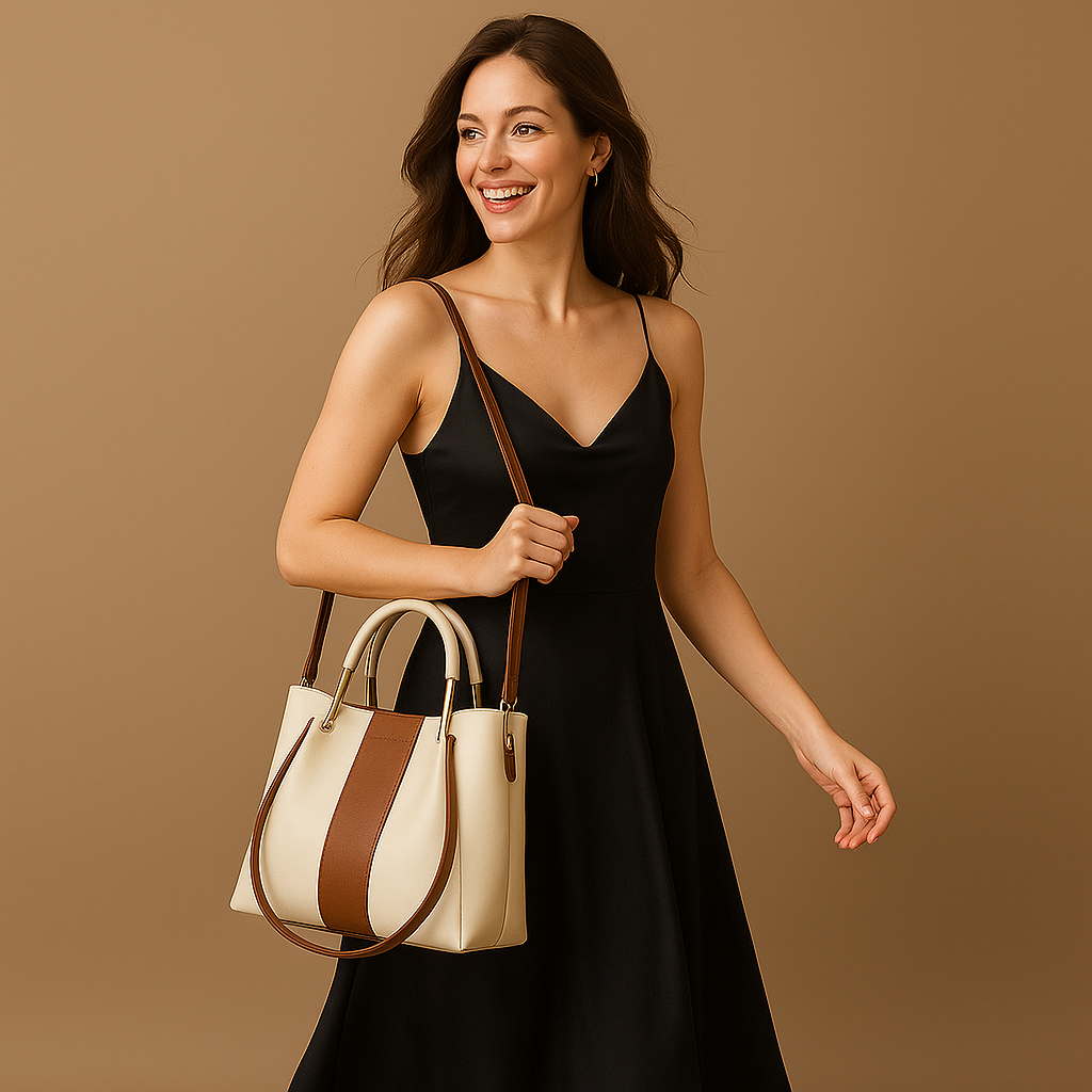 Elegant Two-Tone Women’s Tote Bag in Cream & Tan | Premium Handbag with Shoulder & Crossbody Strap for Work & Daily Use - Image 2