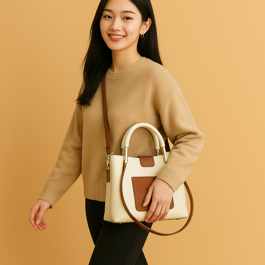 Cream & Tan Structured Top Handle Bag | Elegant Crossbody & Shoulder Handbag for Work & Everyday Use - Image 2