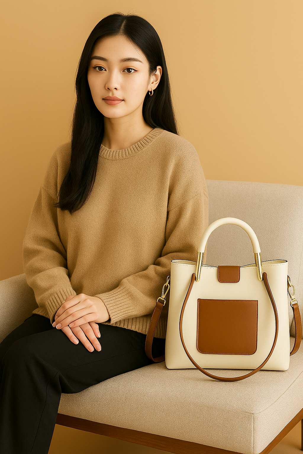 Cream & Tan Structured Top Handle Bag | Elegant Crossbody & Shoulder Handbag for Work & Everyday Use - Image 3
