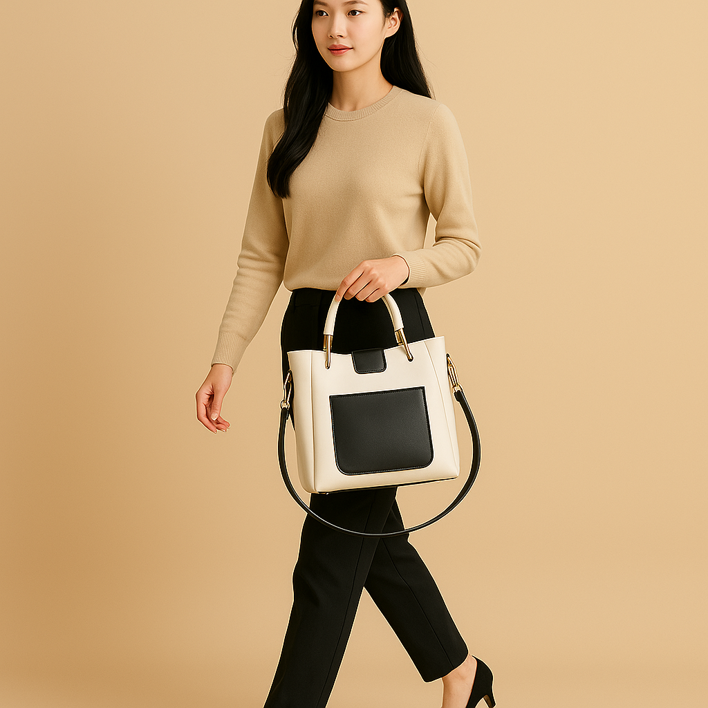 Cream & Black Structured Top Handle Bag | Elegant Crossbody & Shoulder Handbag with Gold Hardware - Image 2