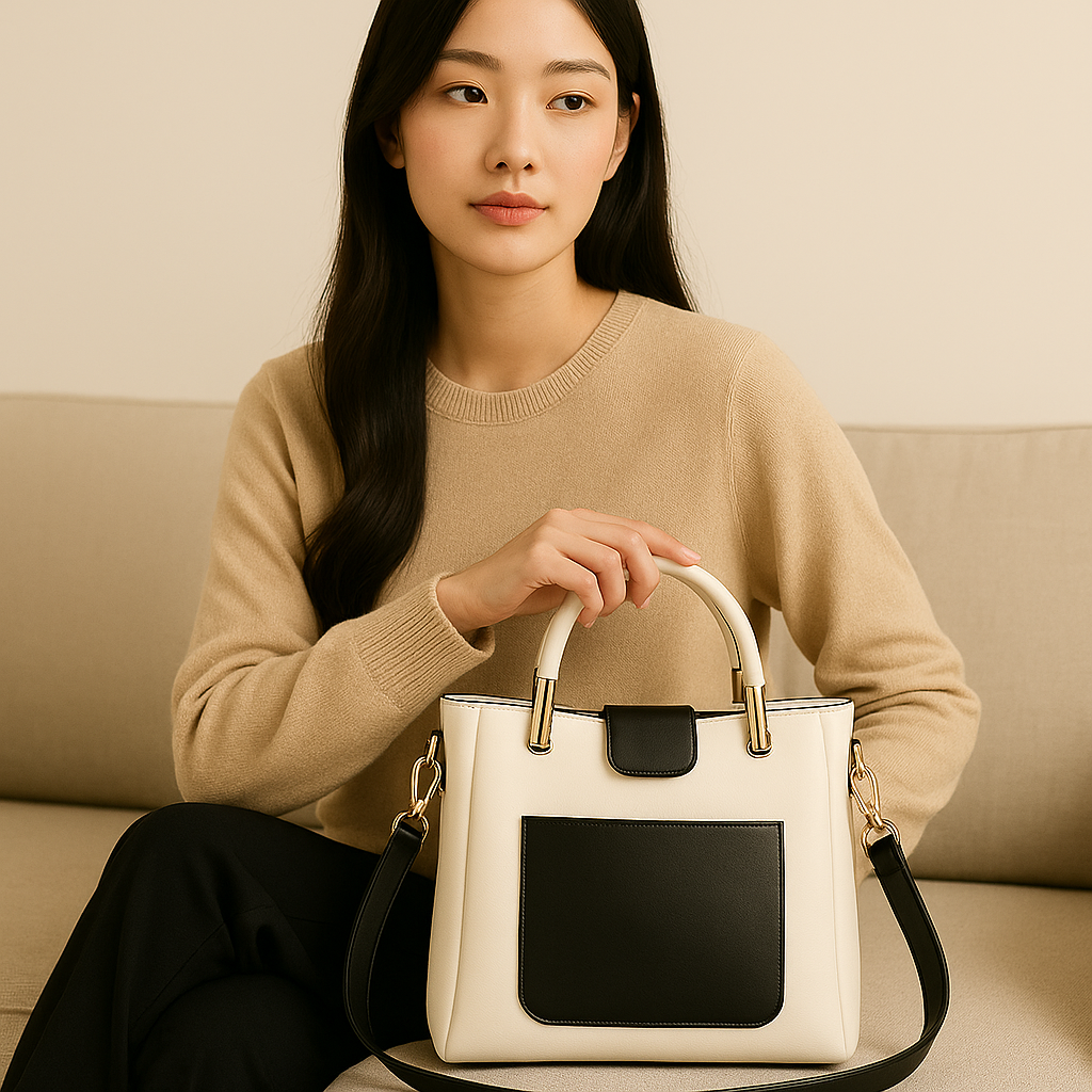 Cream & Black Structured Top Handle Bag | Elegant Crossbody & Shoulder Handbag with Gold Hardware - Image 4