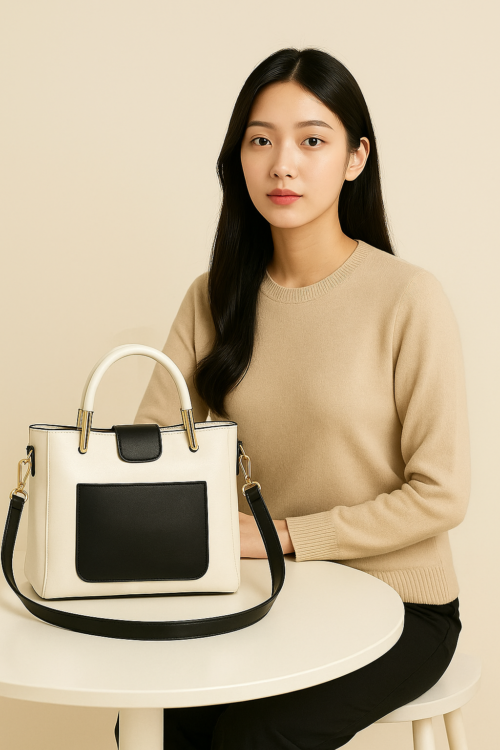 Cream & Black Structured Top Handle Bag | Elegant Crossbody & Shoulder Handbag with Gold Hardware - Image 5