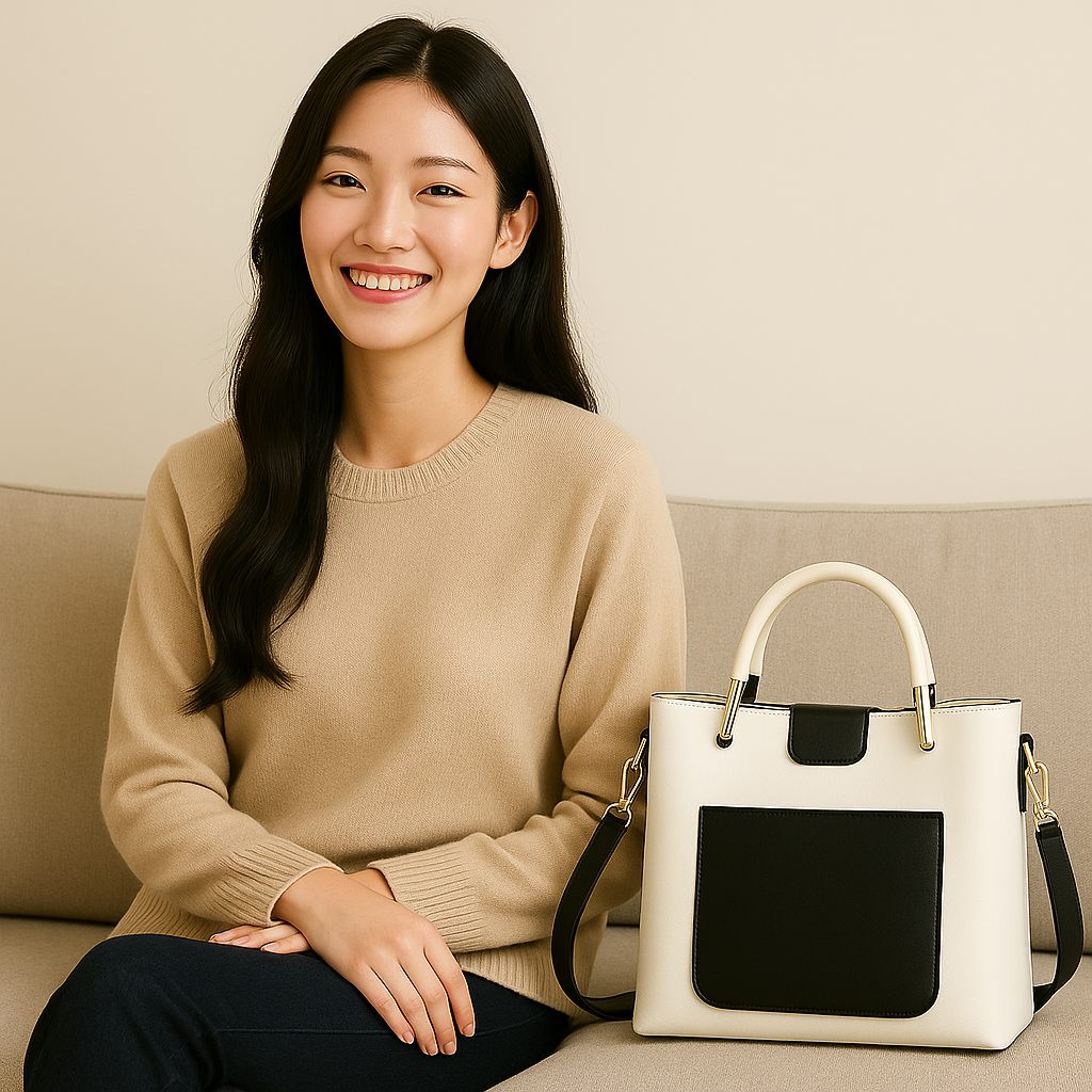 Cream & Black Structured Top Handle Bag | Elegant Crossbody & Shoulder Handbag with Gold Hardware - Image 6