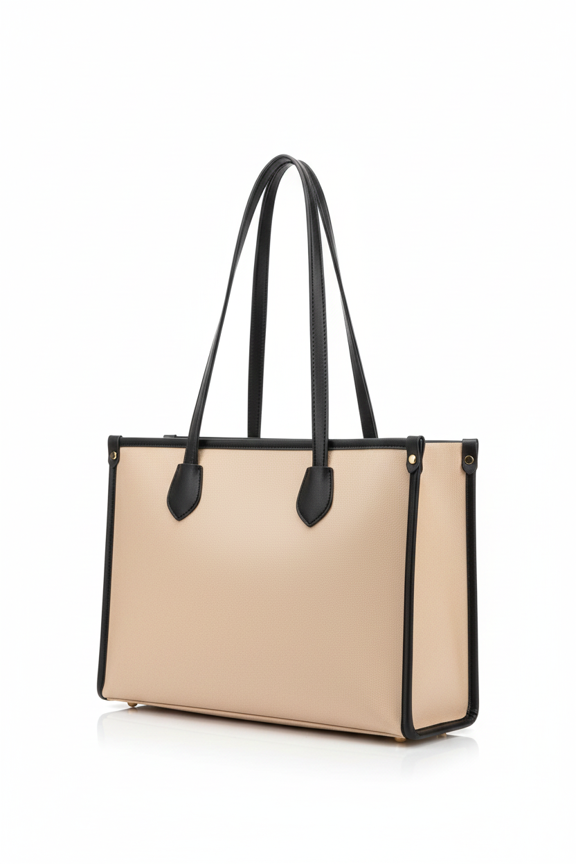 Beige Structured Tote Bag with Black Trim | Minimalist Shoulder Handbag for Work, Office & Everyday Use