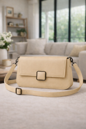 Women’s Beige Crossbody Bag – Elegant Faux Leather Flap Handbag with Buckle Closure