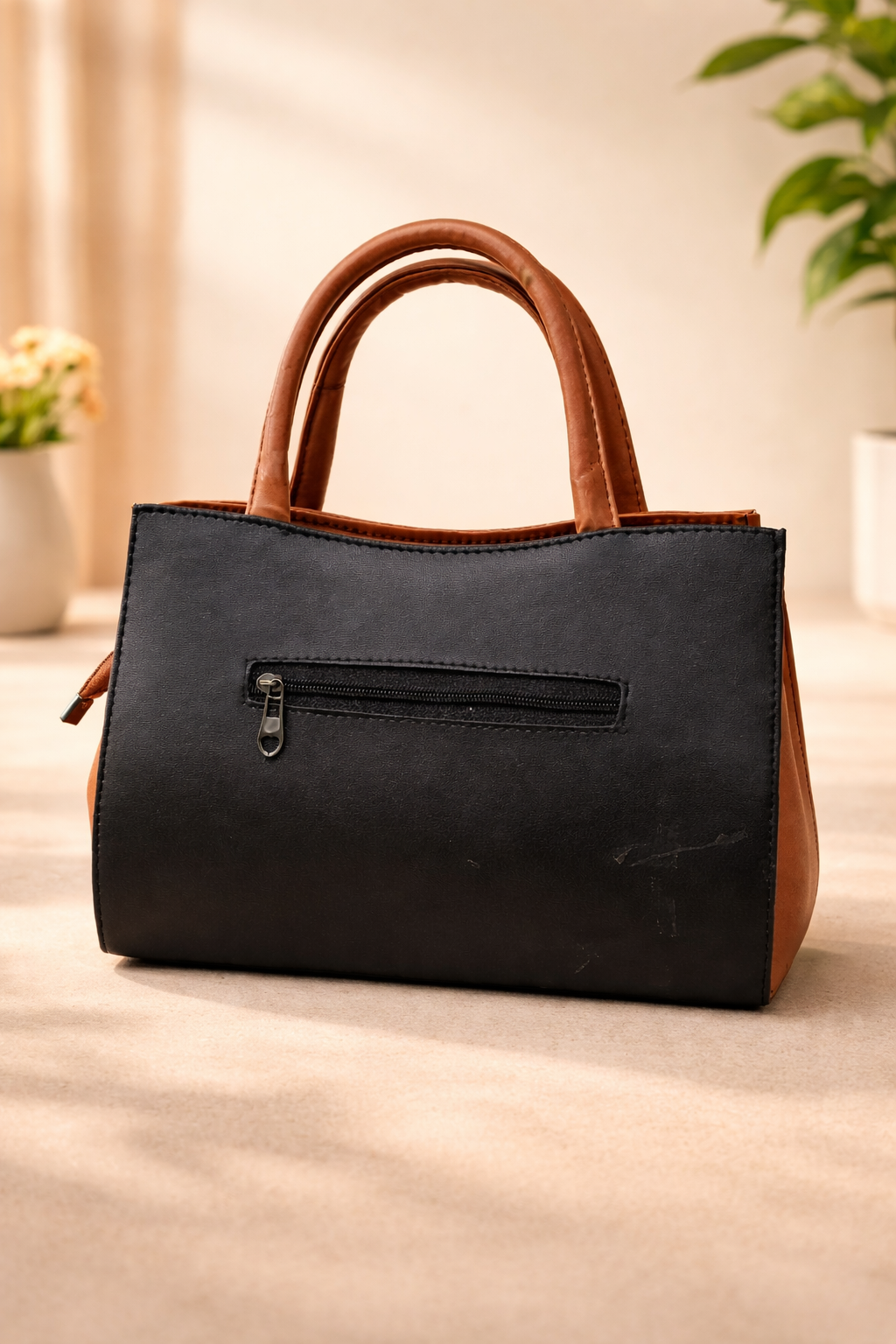 Elegant Dual-Tone Structured Handbag for Women | Top Handle Purse with Zip Pocket - Image 3