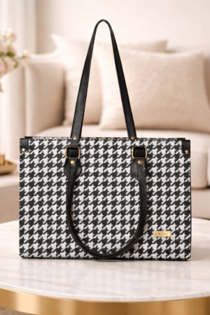 Classic Black & White Houndstooth Women’s Tote Bag | Premium PU Leather Shoulder Handbag for Office, Work & Daily Use