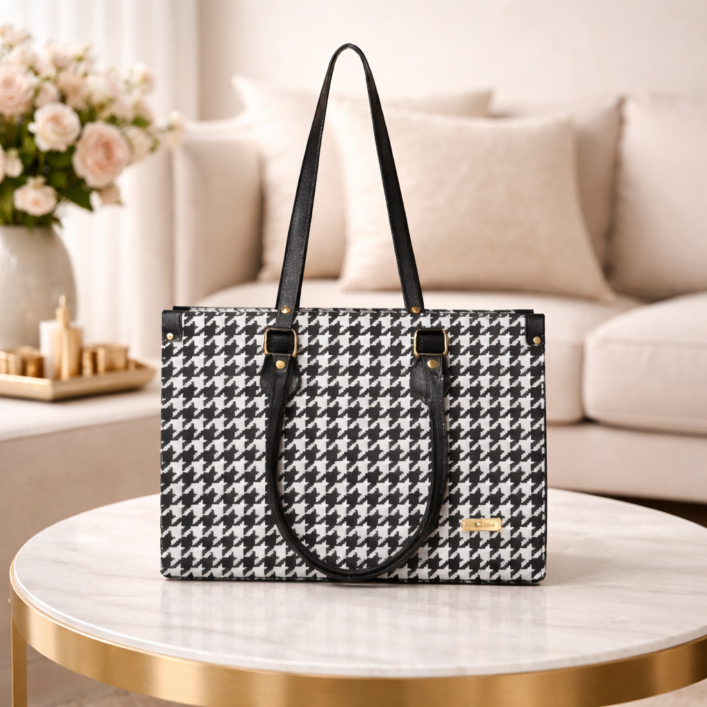 Classic Black & White Houndstooth Women’s Tote Bag | Premium PU Leather Shoulder Handbag for Office, Work & Daily Use