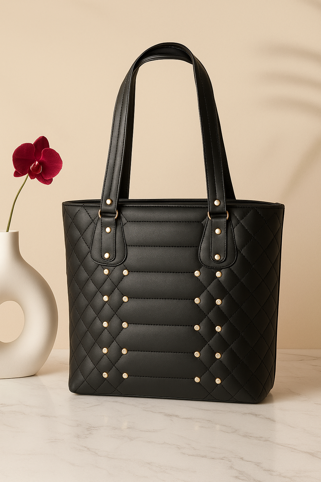 Black Quilted Women’s Tote Bag | Elegant Handbag for Work, Office, Shopping & Daily Use