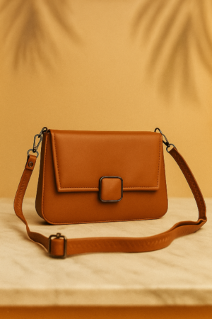 Women’s Tan Crossbody Shoulder Bag – Elegant Faux Leather Flap Purse with Buckle Closure