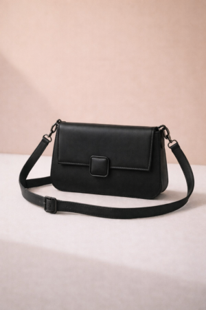 Women’s Black Crossbody Bag – Stylish Faux Leather Flap Shoulder Bag with Adjustable Strap