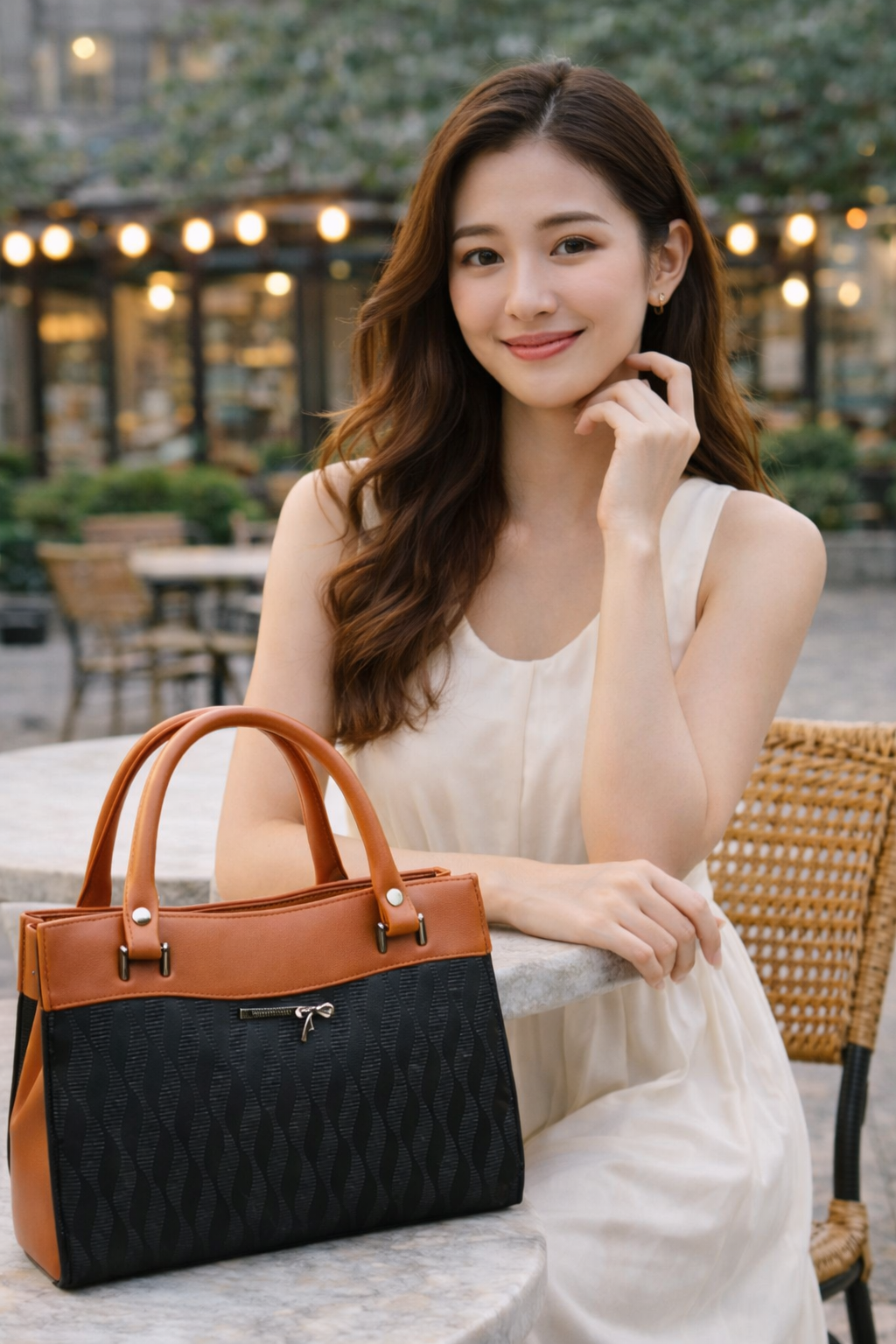 Elegant Dual-Tone Structured Handbag for Women | Top Handle Purse with Zip Pocket - Image 2