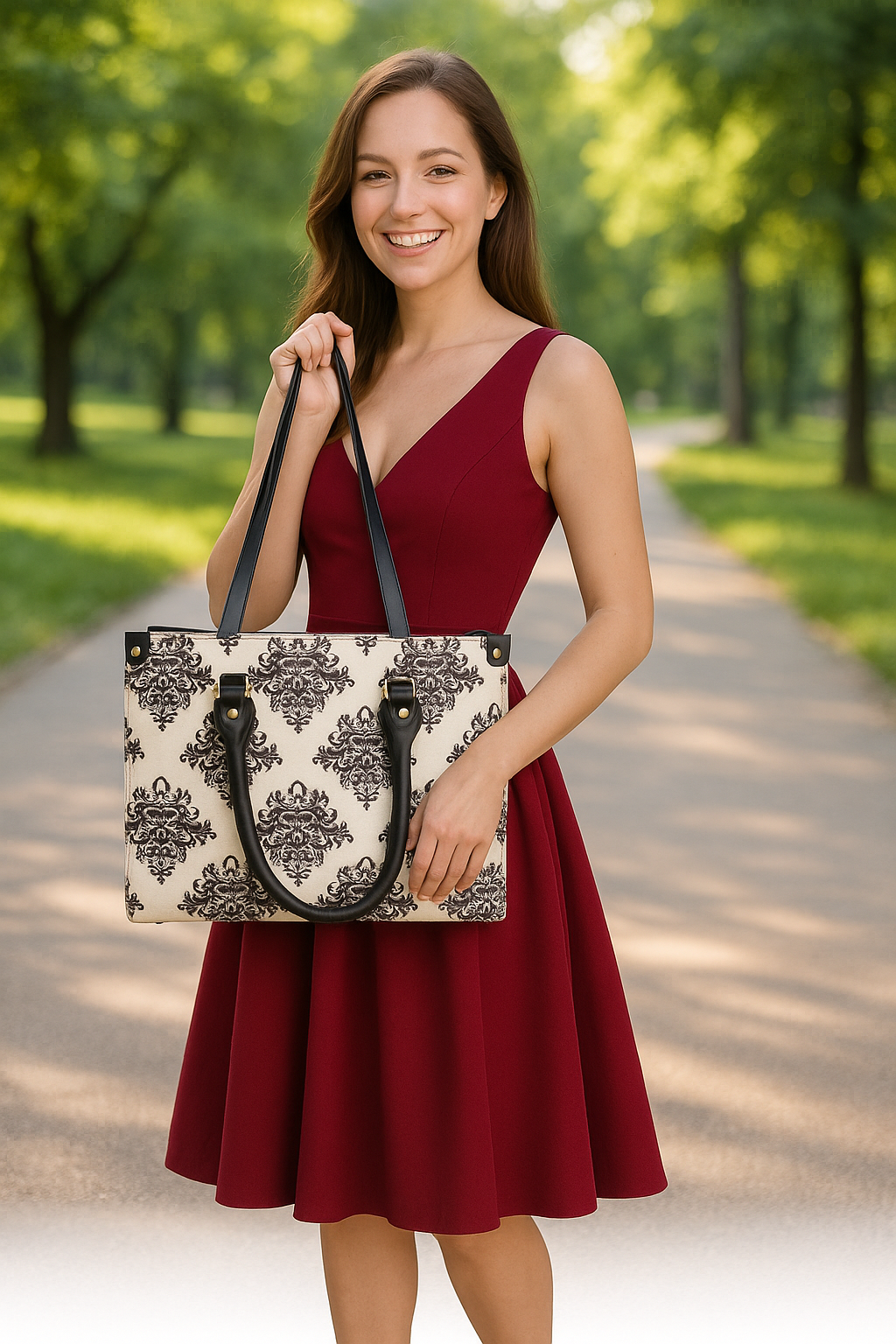 Black & Ivory Damask Print Tote Bag | Elegant Structured Shoulder Handbag for Work, Travel & Everyday Use - Image 4