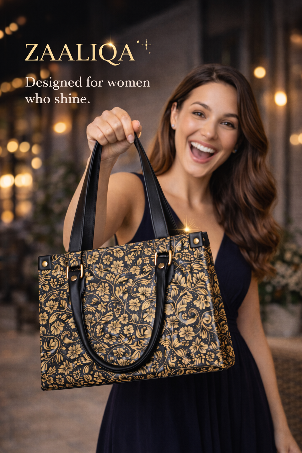 Black & Gold Floral Tote Bag | Elegant Structured Shoulder Handbag for Work, Travel & Everyday Use - Image 2