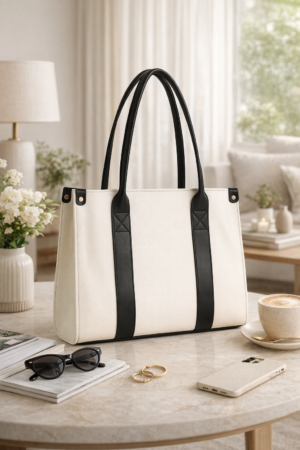 Ivory & Black Structured Tote Bag | Elegant Shoulder Handbag for Work, Office & Everyday Carry