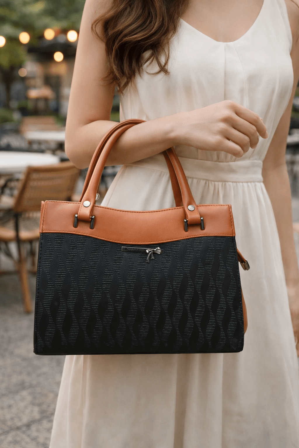 Elegant Dual-Tone Structured Handbag for Women | Top Handle Purse with Zip Pocket