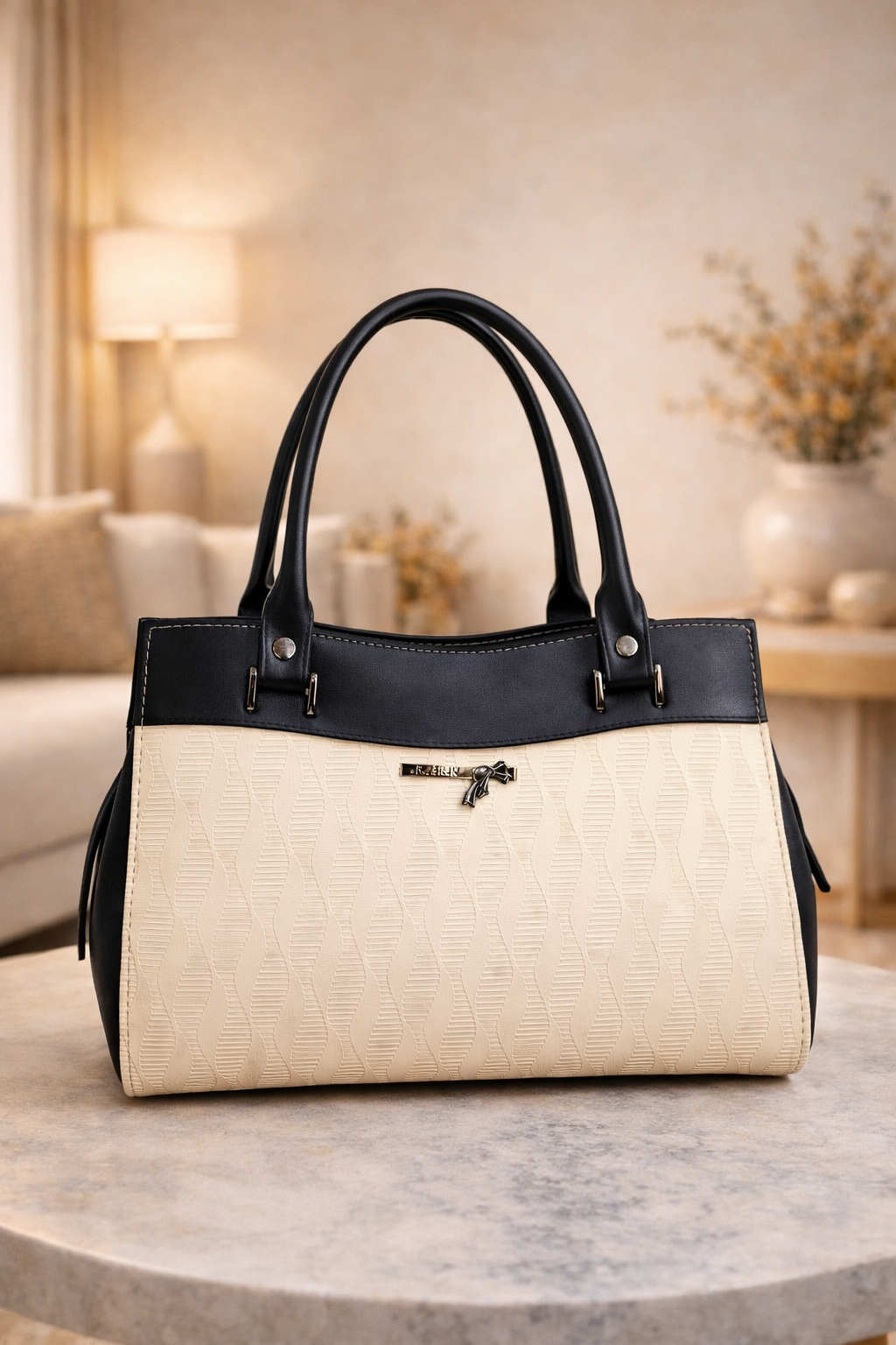 Elegant Two-Tone Women Handbag | Textured PU Leather Ladies Purse with Dual Handles | Stylish Office & Daily Use Bag