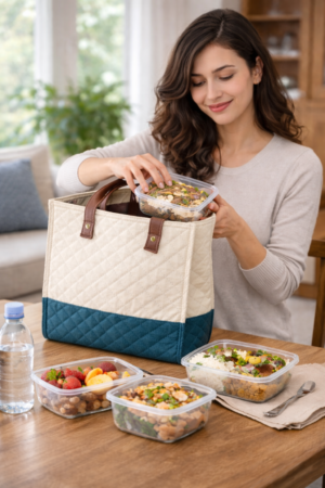 ZaaliQa Stylish Quilted Fabric Tote Bag for Women | Cream & Blue Handbag with PU Leather Handles for Office, Shopping & Daily Use