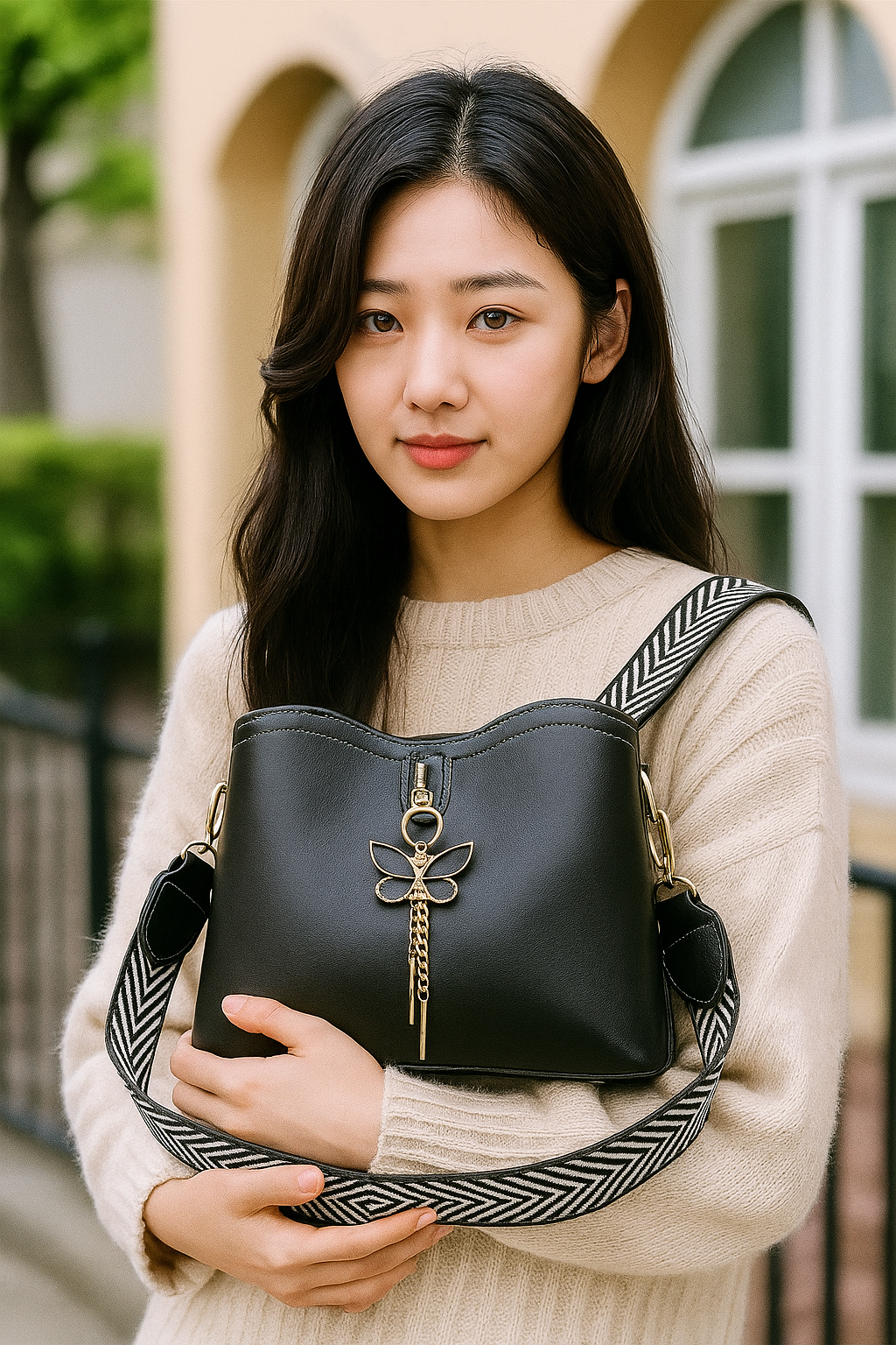 Stylish Black Women’s Bucket Sling Bag with Butterfly Charm | Premium PU Leather Crossbody & Shoulder Bag for Daily Use - Image 6