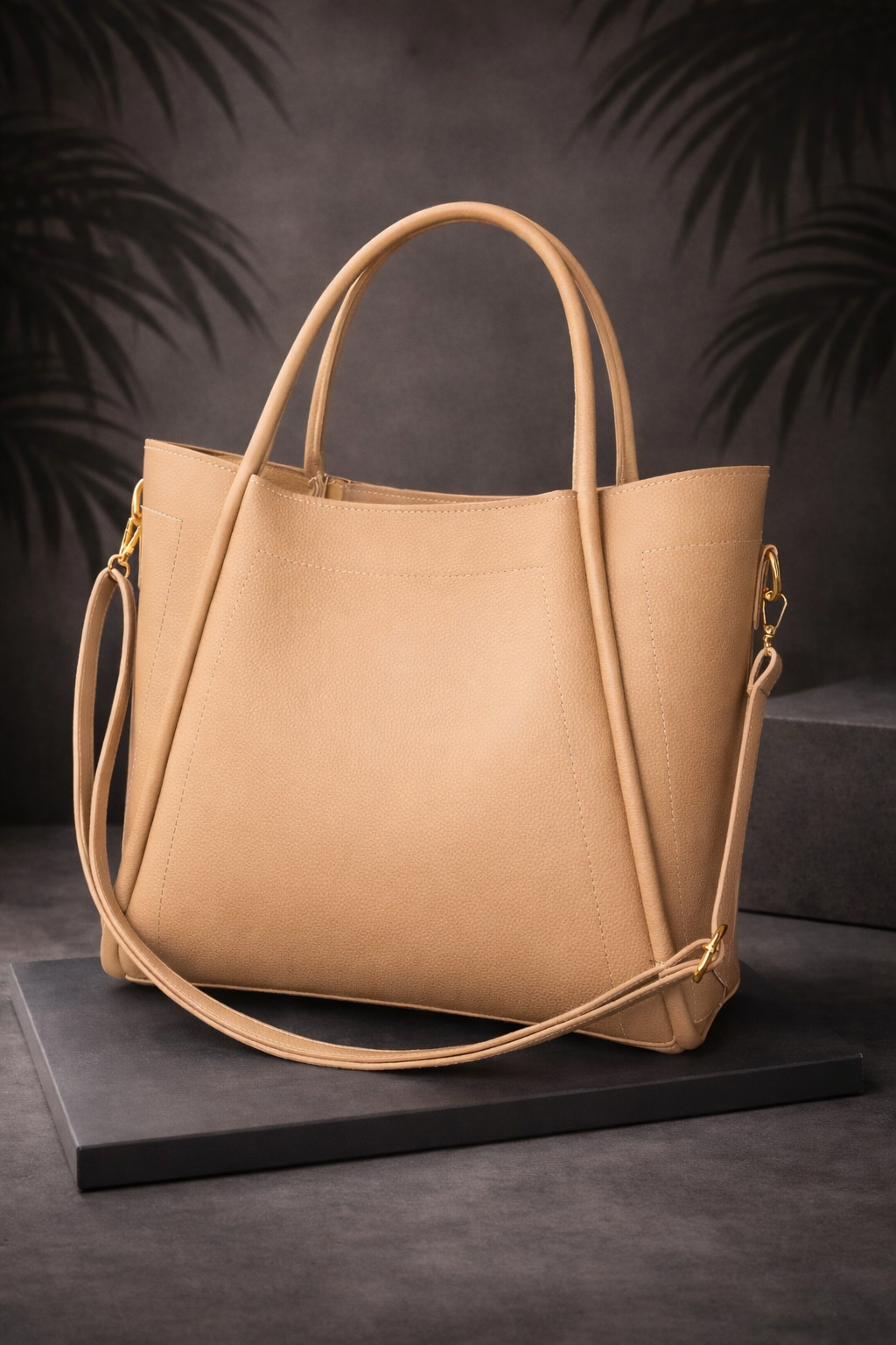 Elegant Beige Leather Tote Bag for Women – Large Structured Handbag with Top Handles & Detachable Shoulder Strap