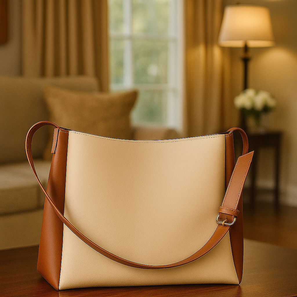 Elegant Cream & Tan Women’s Shoulder Bag | Two-Tone Handbag for Work, Office & Daily Use