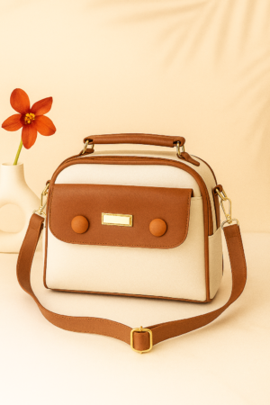 Women’s Cream & Tan Crossbody Handbag – Stylish Faux Leather Sling Bag with Top Handle