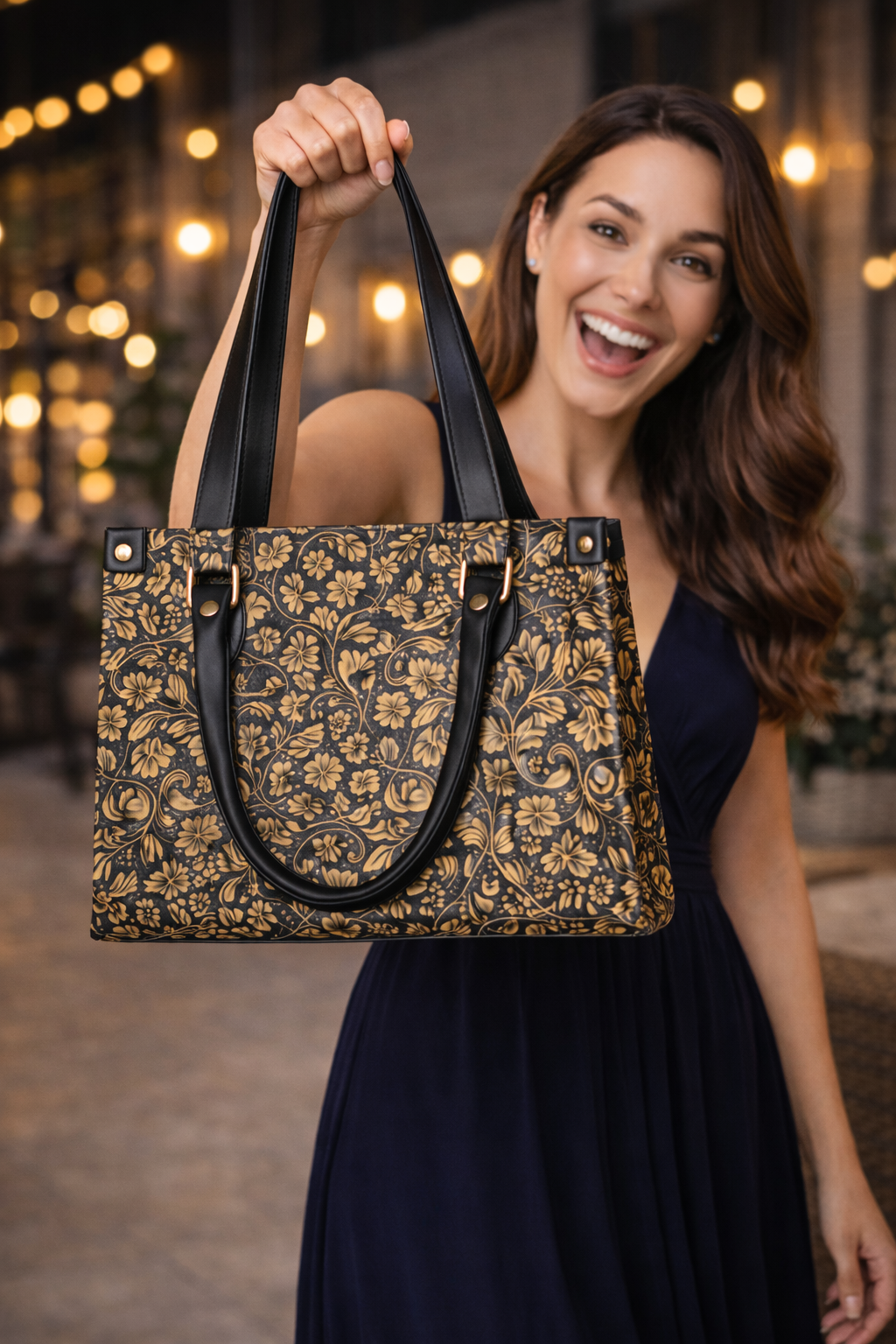 Black & Gold Floral Tote Bag | Elegant Structured Shoulder Handbag for Work, Travel & Everyday Use - Image 3