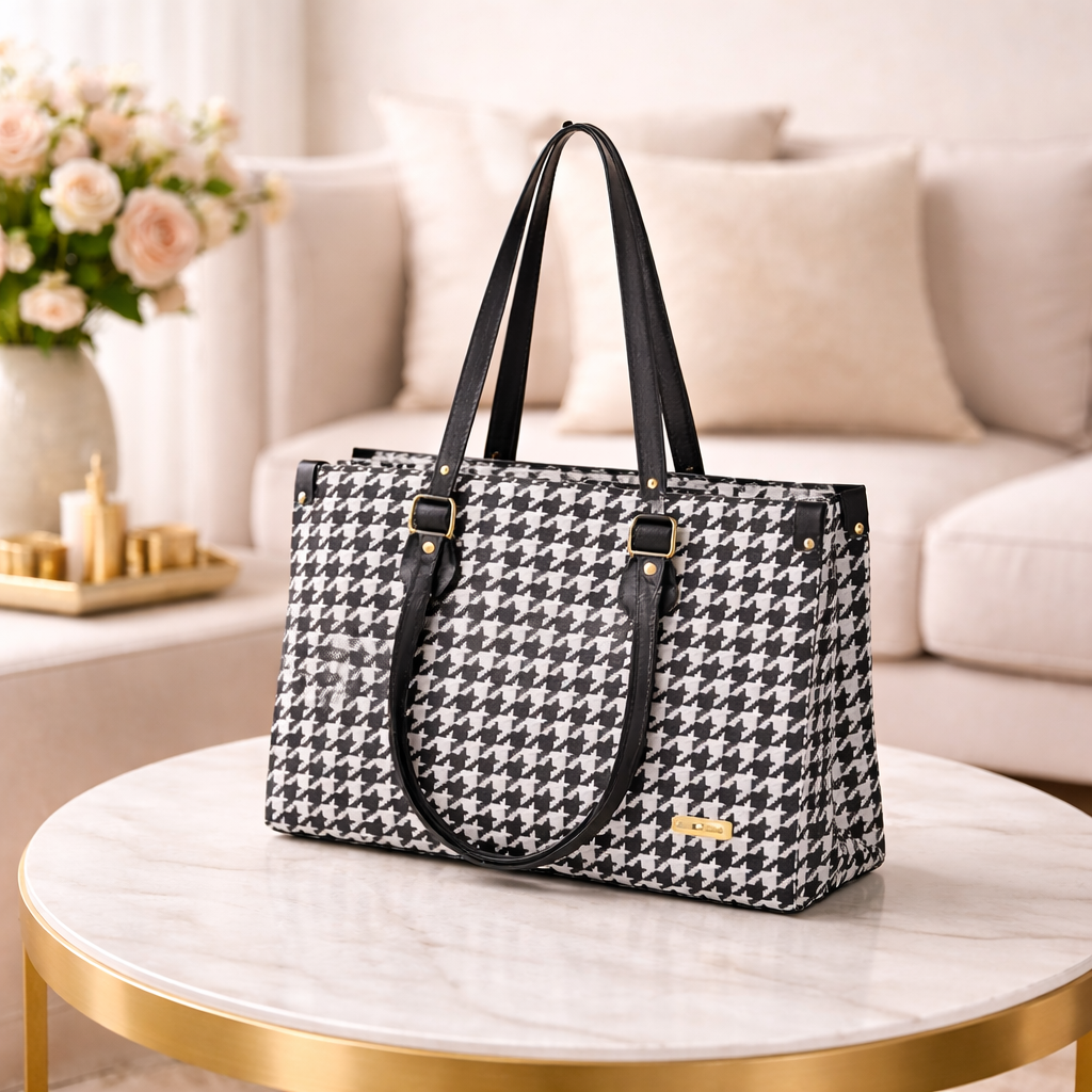 Classic Black & White Houndstooth Women’s Tote Bag | Premium PU Leather Shoulder Handbag for Office, Work & Daily Use - Image 2