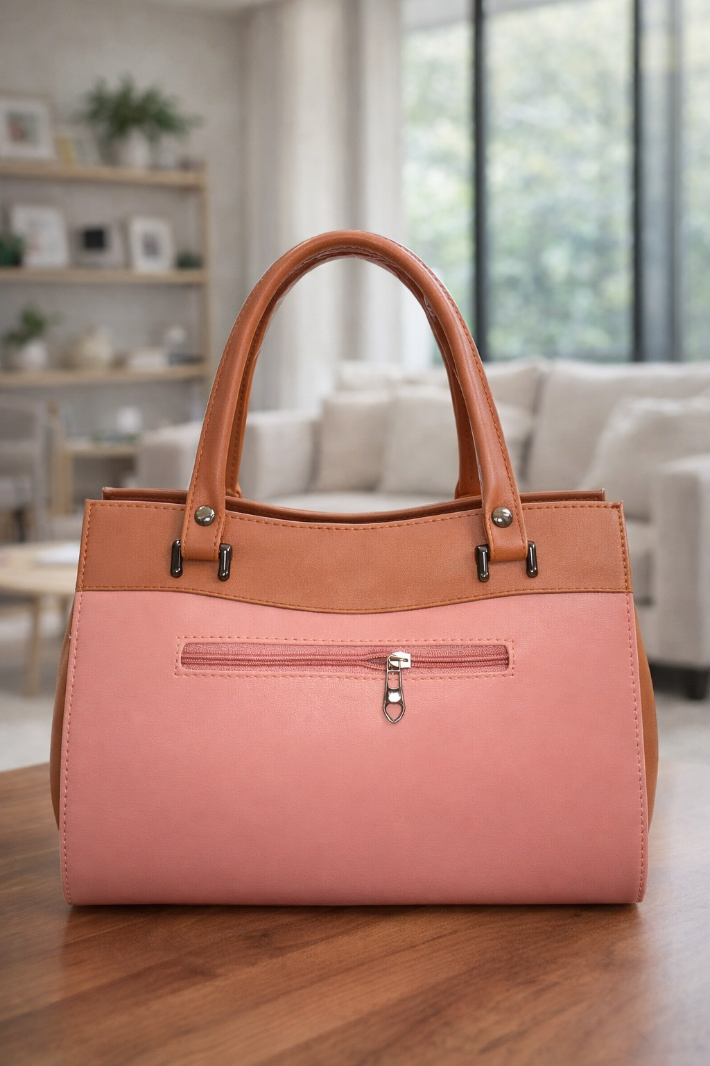 Stylish Pink & Tan Women’s Handbag | Premium PU Leather Office & Casual Shoulder Bag for Daily Use - Image 2