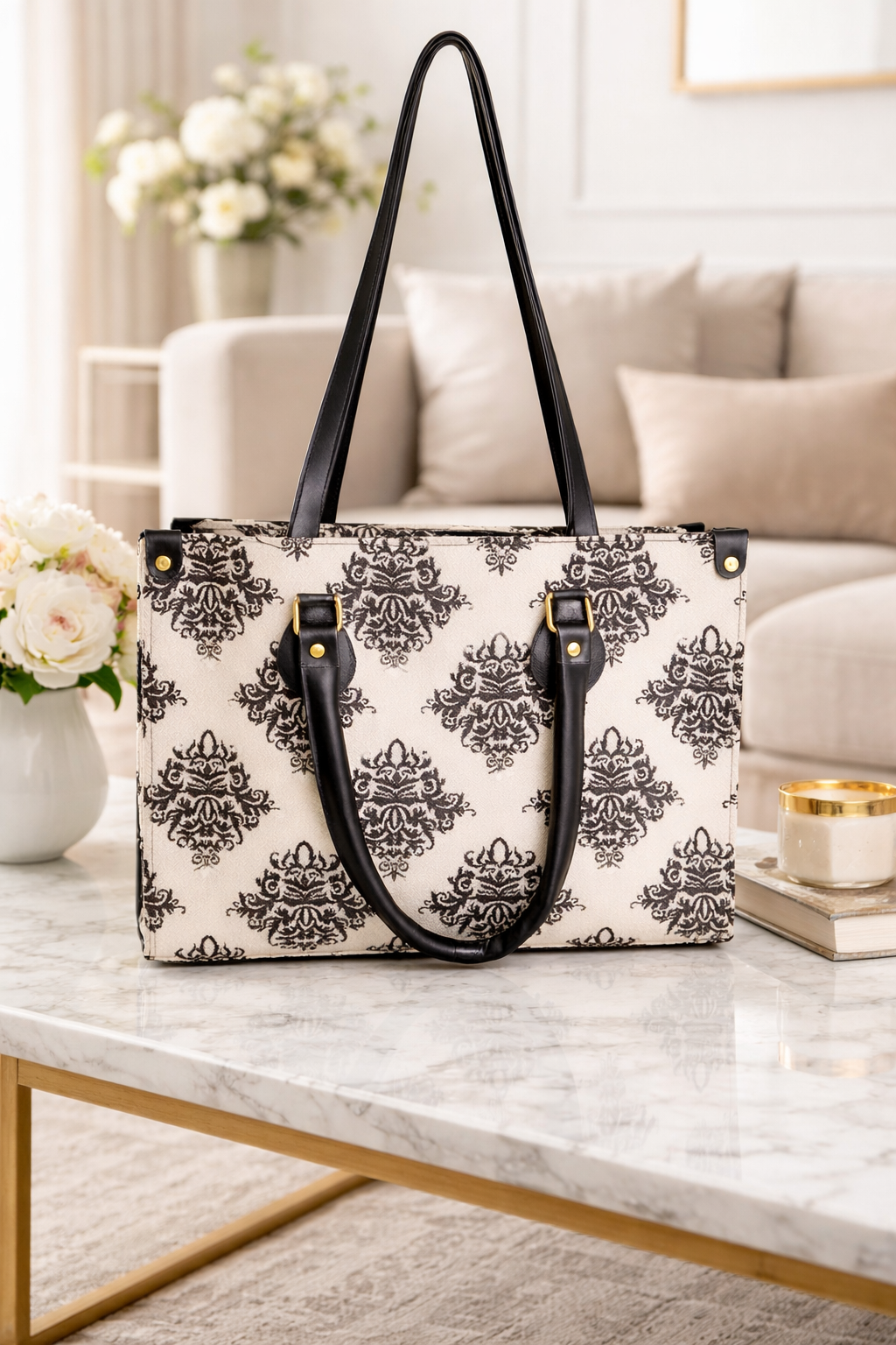 Black & Ivory Damask Print Tote Bag | Elegant Structured Shoulder Handbag for Work, Travel & Everyday Use