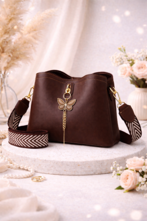 Brown Leather Bucket Bag for Women – Elegant Shoulder & Crossbody Handbag with Wide Strap and Butterfly Charm