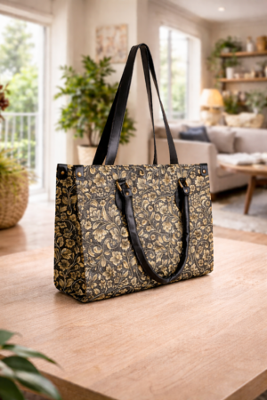 Black & Gold Floral Tote Bag | Elegant Structured Shoulder Handbag for Work, Travel & Everyday Use